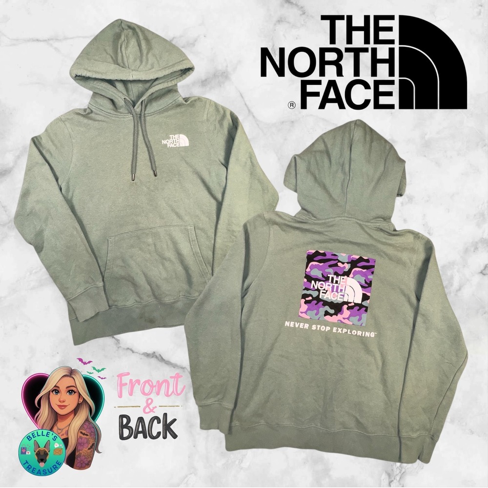 The North‎ Face Women's Medium Sage Green Hoodie Purple Pink Camo Logo Jacket
